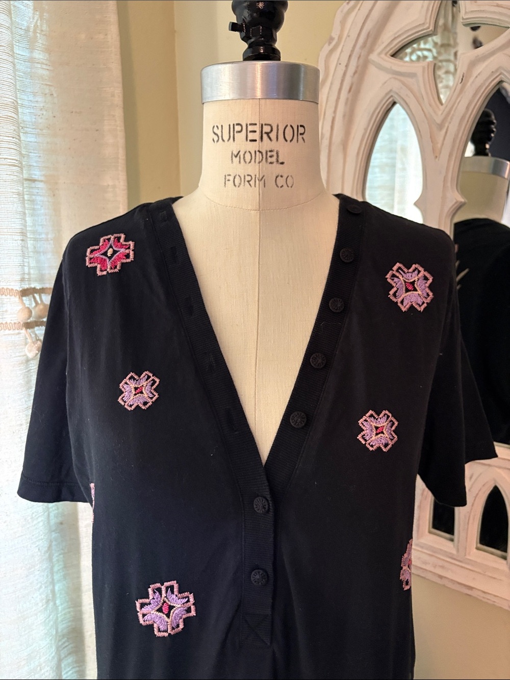 Johnny Was Black Mini Dress with Multi-Color Floral Embroidery - Picture 3 of 7
